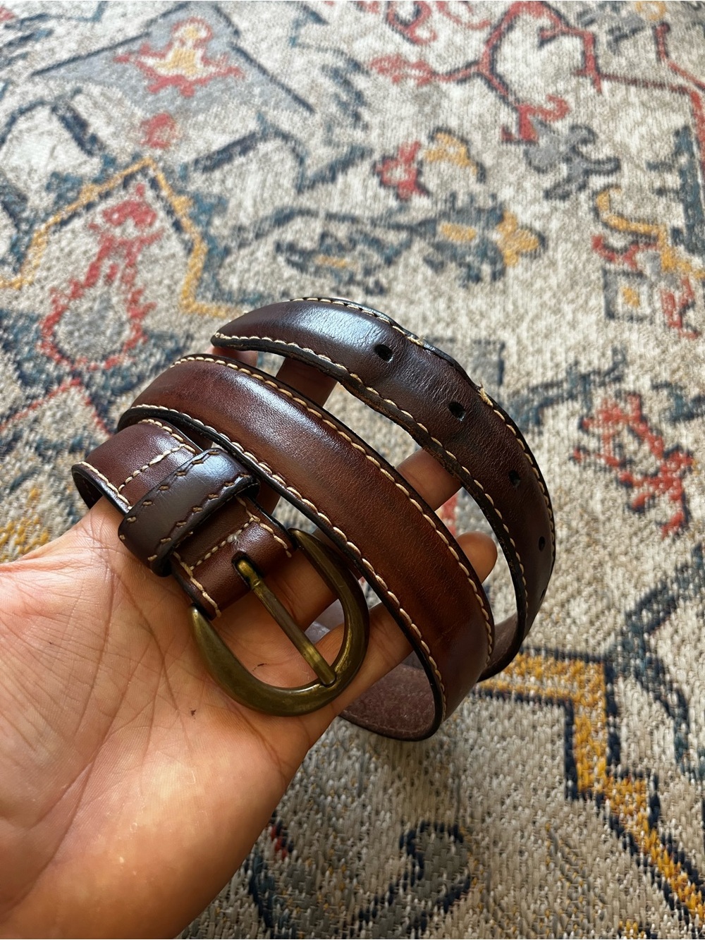Alexander Julian Brown Leather Belt with Brass-Tone Buckle